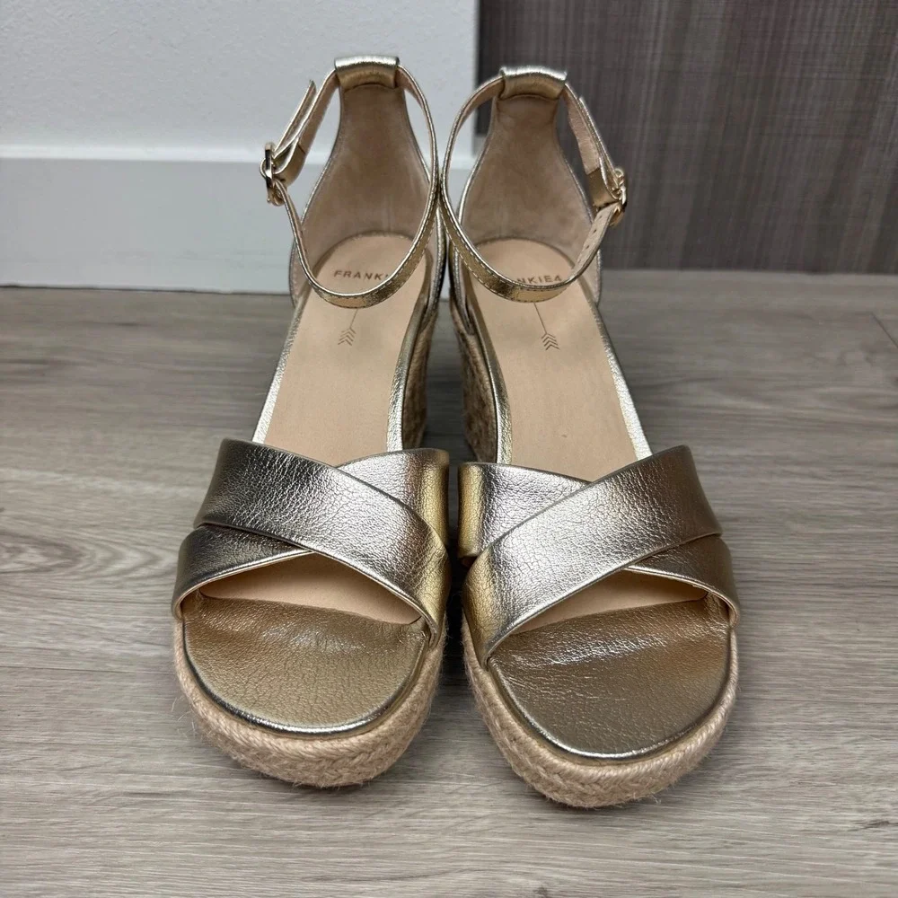 NEW FRANKIE4 Gold Tumbled Baker Wedge Heel Espadrille Leather Comfort Size 7